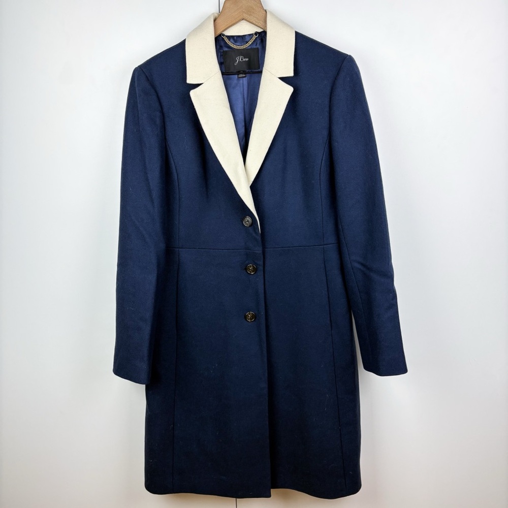 J. Crew 100% Wool Topcoat Contrast Lapel Double Serge Wool Navy Blue White 10 - Picture 2 of 9
